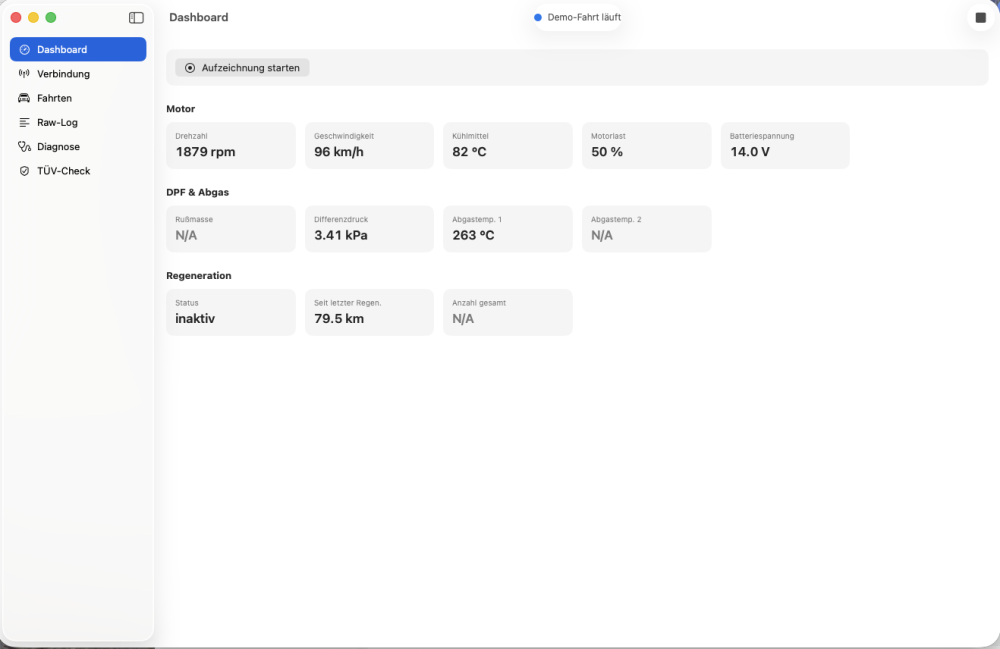 Das Dashboard im Demo-Modus: Live-Werte für Motor, DPF/Abgas und Regeneration — fehlende Werte konsequent als „N/A".